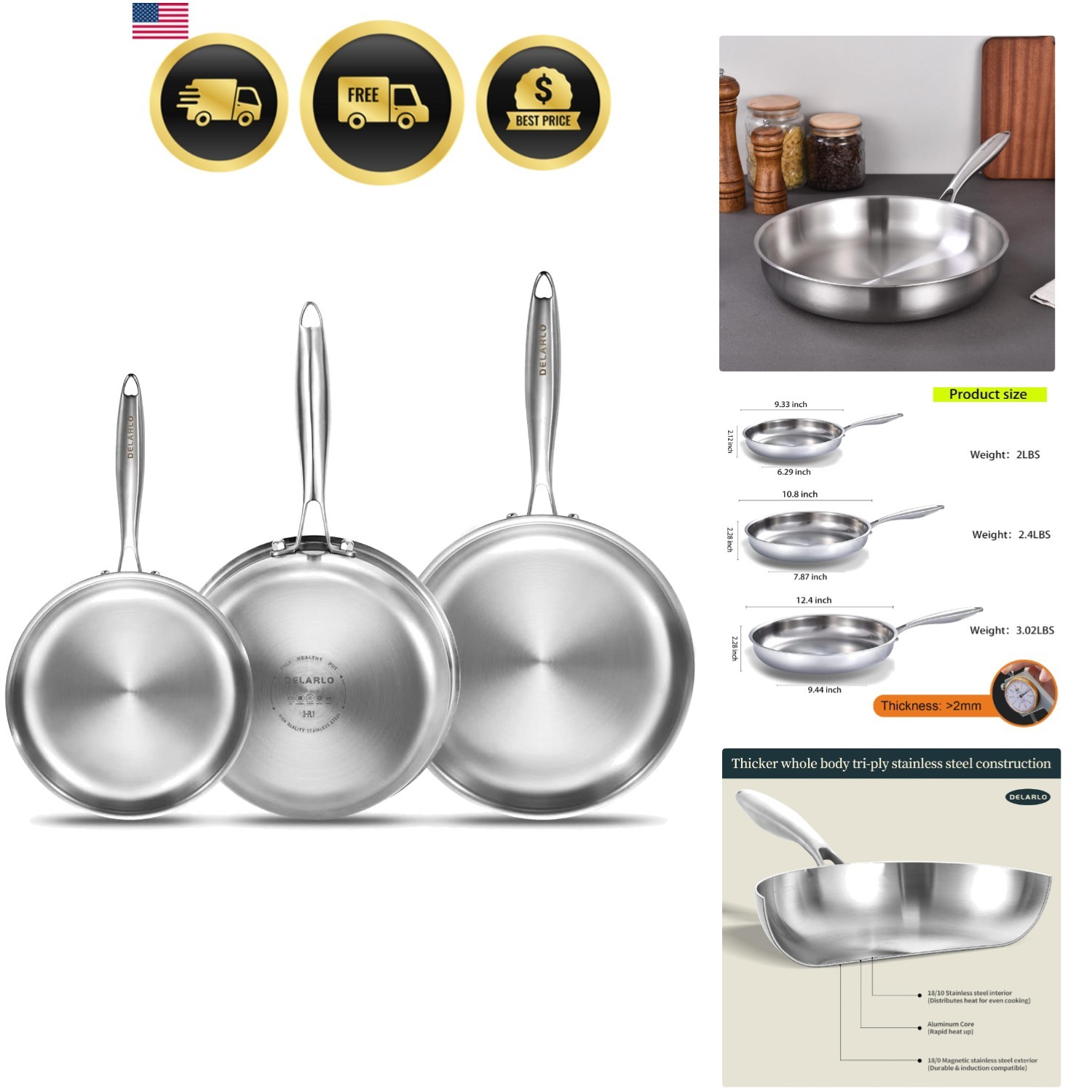 Whole Body Tri-Ply Stainless Steel Frying Pan set, 8”/10”/12” Cooking pans, K…