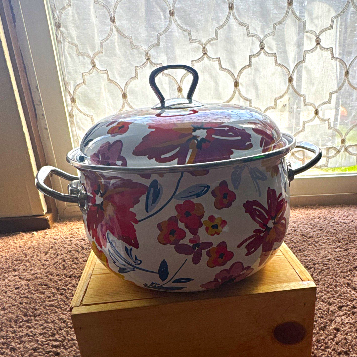 Floral Enamel Steel Stockpot w/ Lid, Double Handles, 10in, 8in Deep