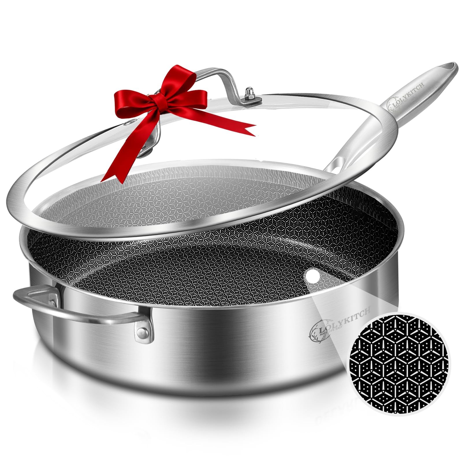 6 QT Large Skillet with Lid, 12 Inch Nonstick Deep Frying Pan, Tri-Ply Stainl…