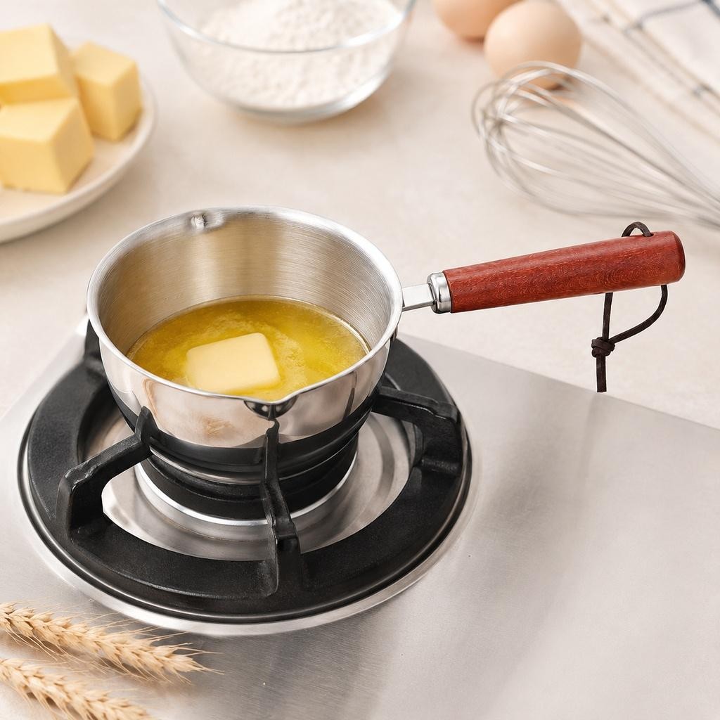 Small Stainless Steel Milk Pot with Dual Pour Spouts for Easy Cooking