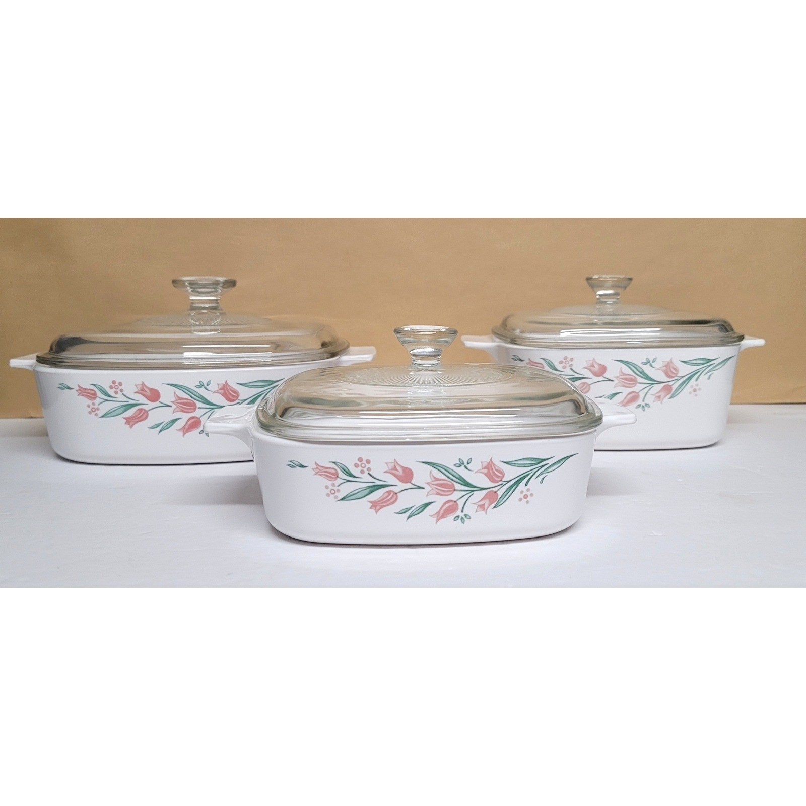 Set of 3 Rosemarie Pink Tulips Square Corning Ware Casserole Dishes 1L 1.5L 2L