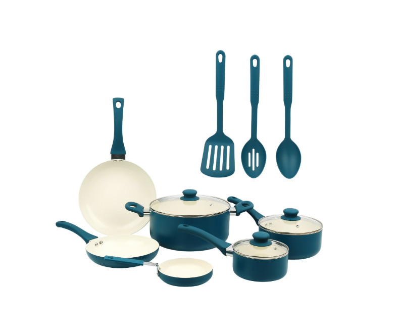 12 Piece Ceramic Nonstick Cookware Set With Utensils, Blue