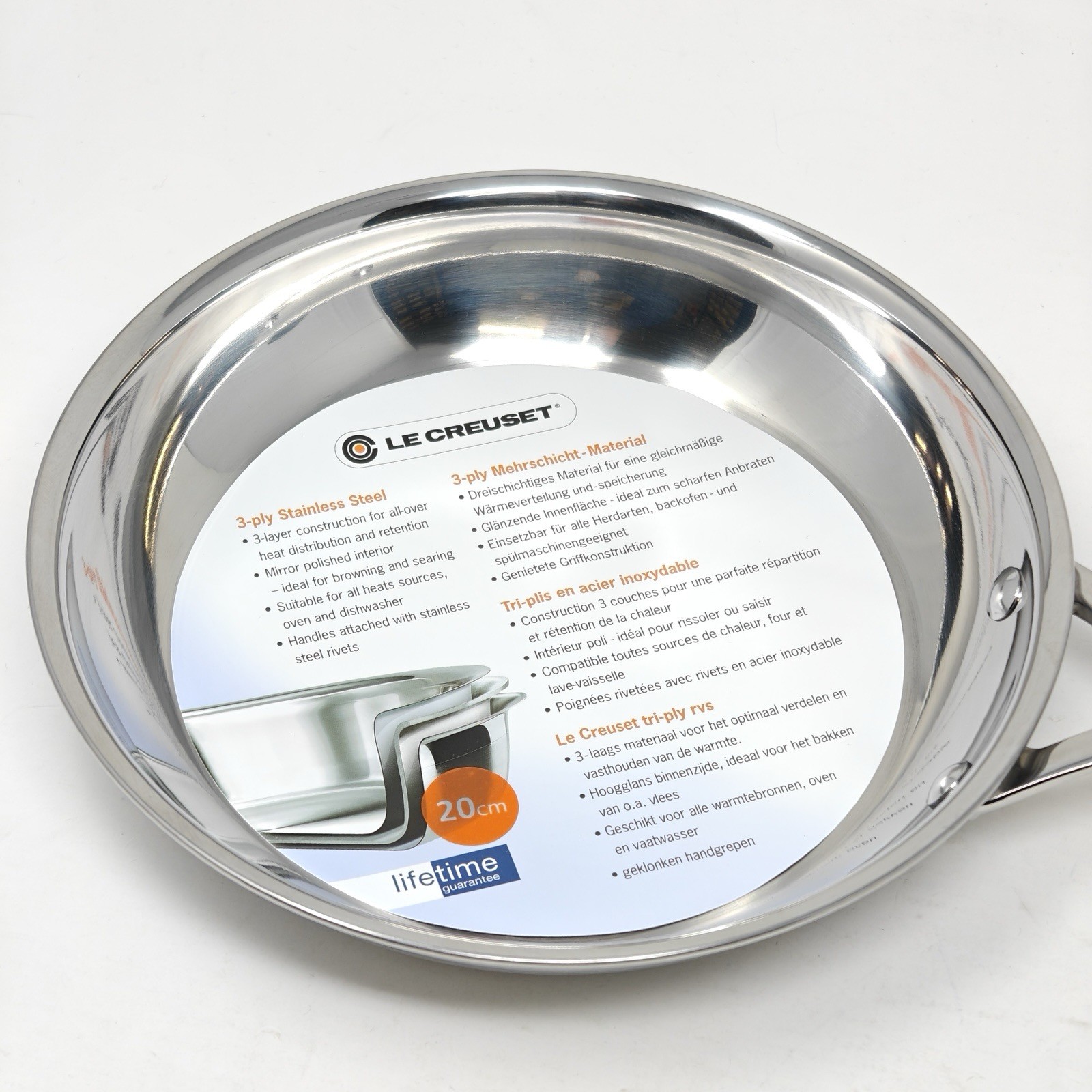 Le Creuset 3 ply Triple Stainless Steel Uncoated Frying Pan 20cm Silicon Handle