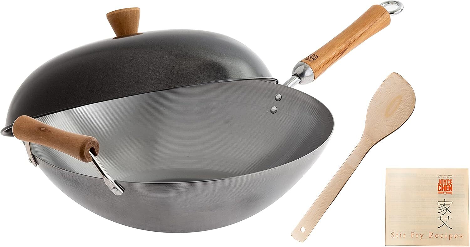 14 Inch Carbon Steel Wok Set With Birch Handle Nonstick Lid Spatula Recipes