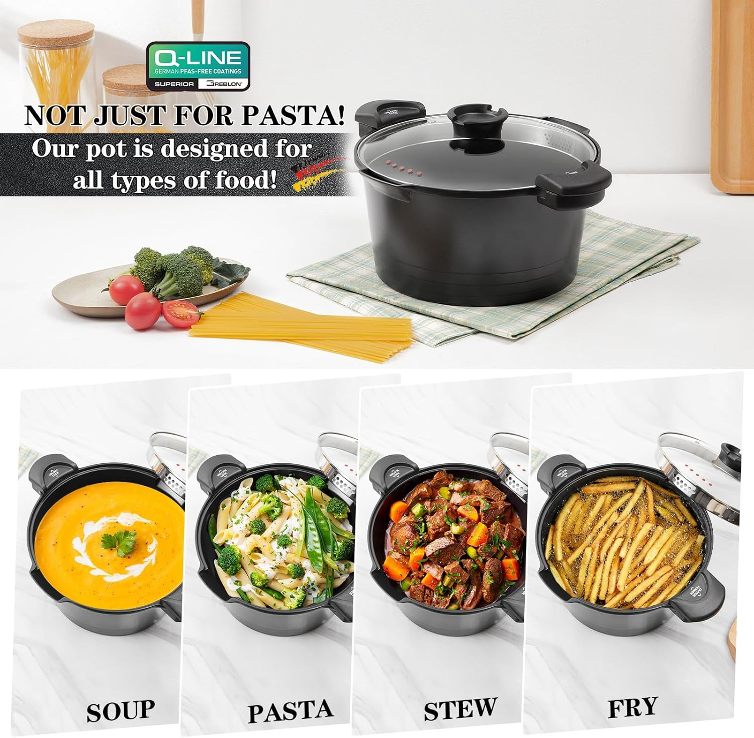 8.5Qt Nonstick Pasta Pot with Strainer Lid & Tempered Glass, Dishwasher Safe