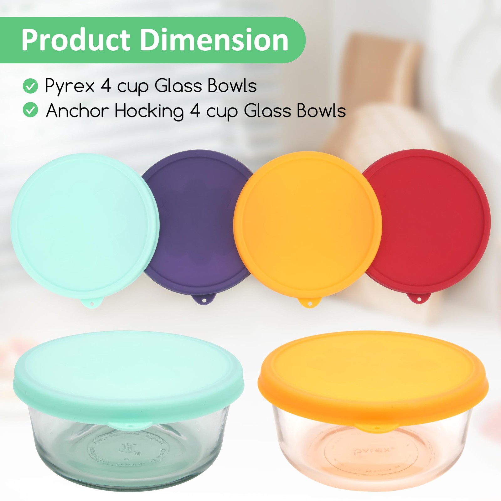 4 Cup Silicone Storage Cover Lids | Leak-Proof for Anchor Hocking & Pyrex 4 Pack