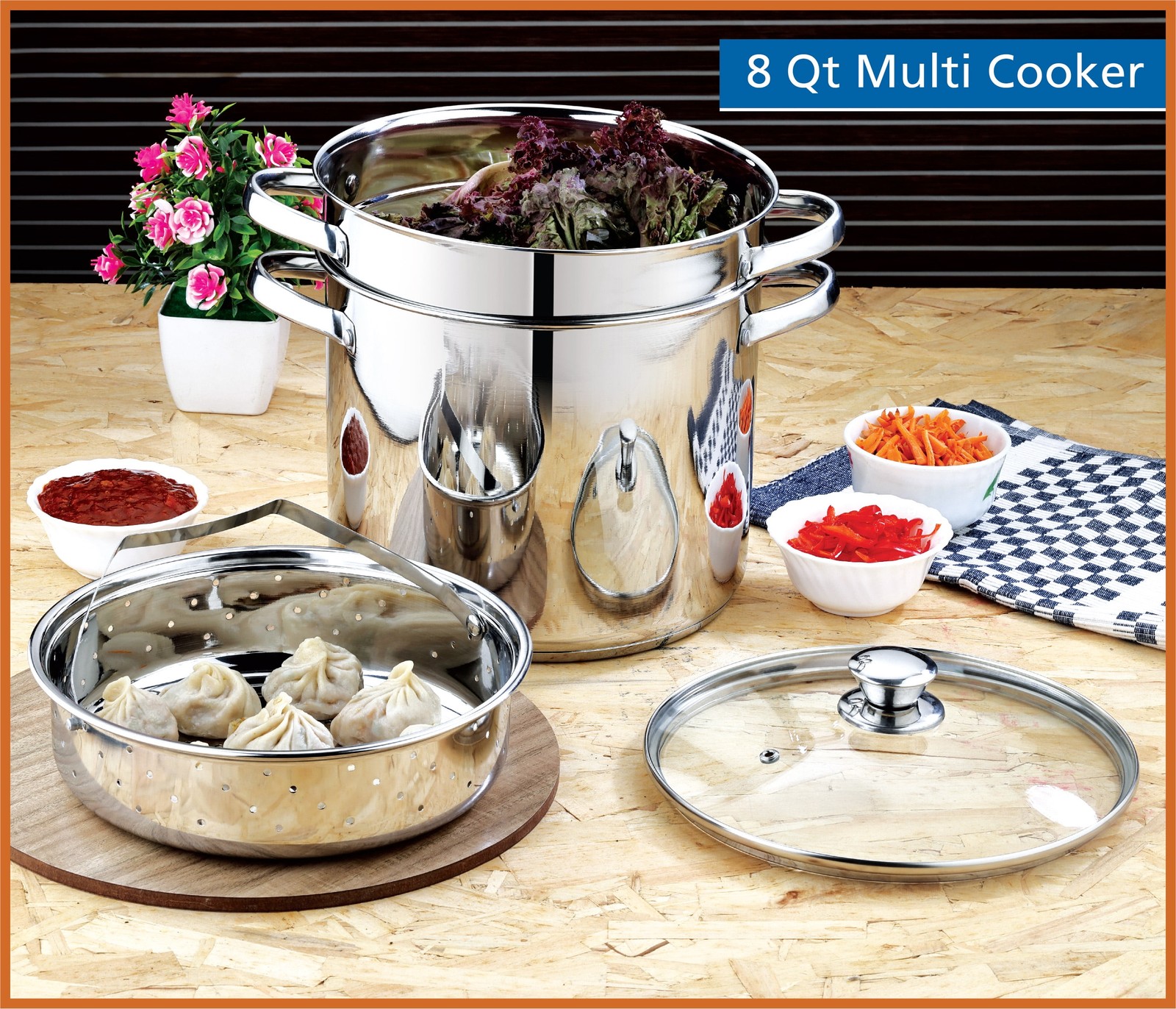 Multi-Cooker Set with Lid 8 Qt Pasta Steam Pot Stainless Steel Steamer Basket