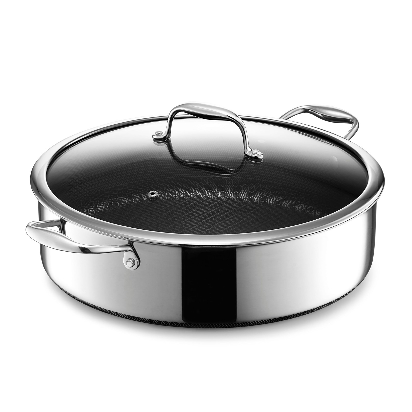 HexClad Hybrid Nonstick 7-Quart Sauté Pan with Tempered Glass Lid, Chicken Fr…