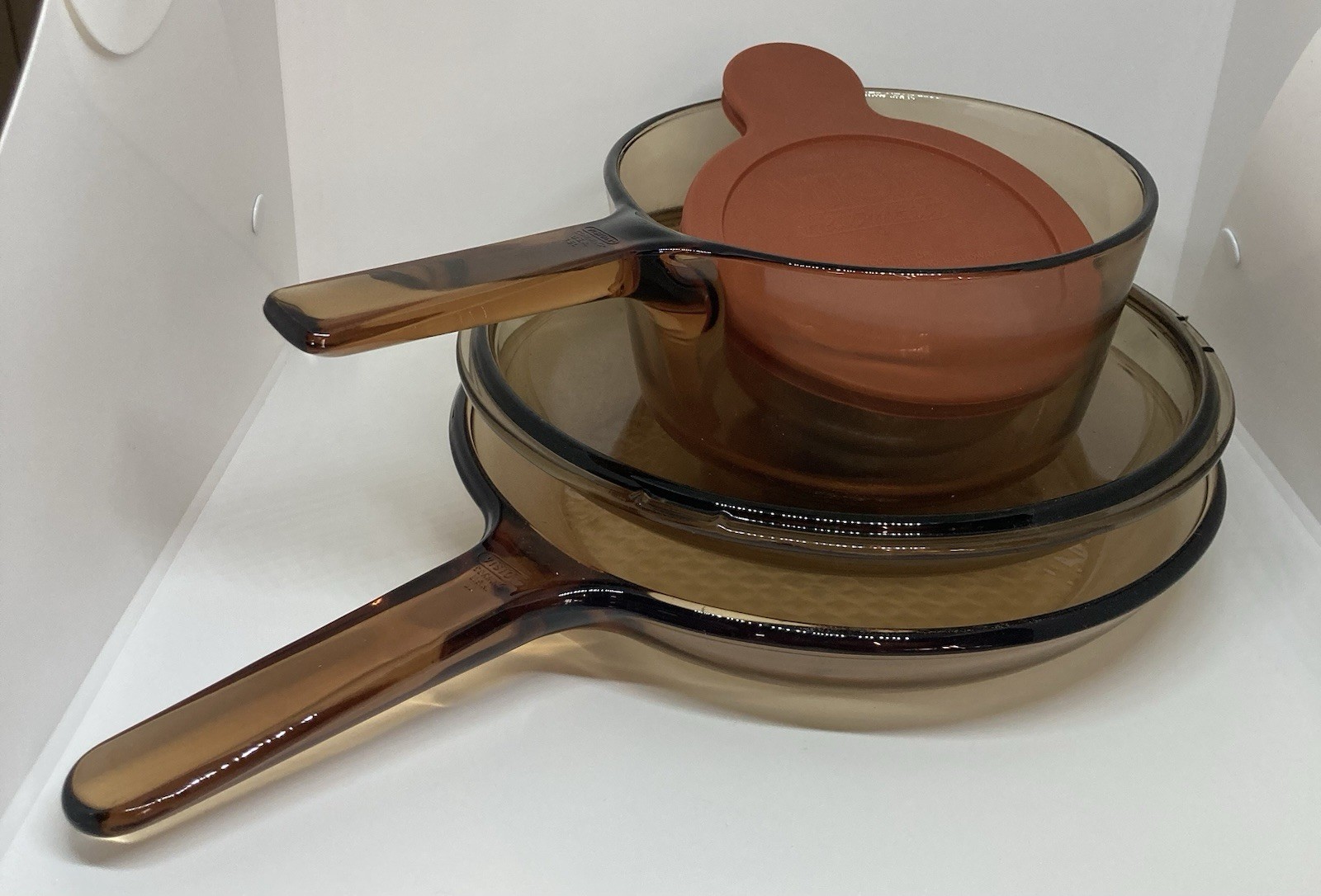 5 pc Lot Visions Cookware Corning Ware Amber Skillet w/ Lid Pot Microwave Bowl