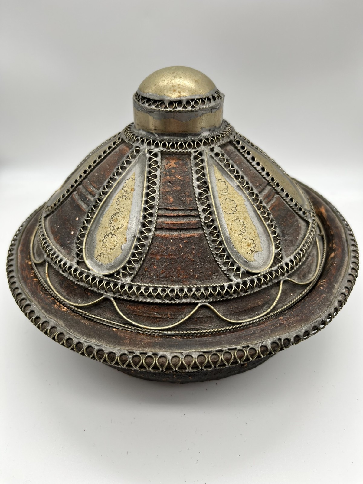 Tagine Moroccan spice couscous terracotta dish with silver and gold inlays