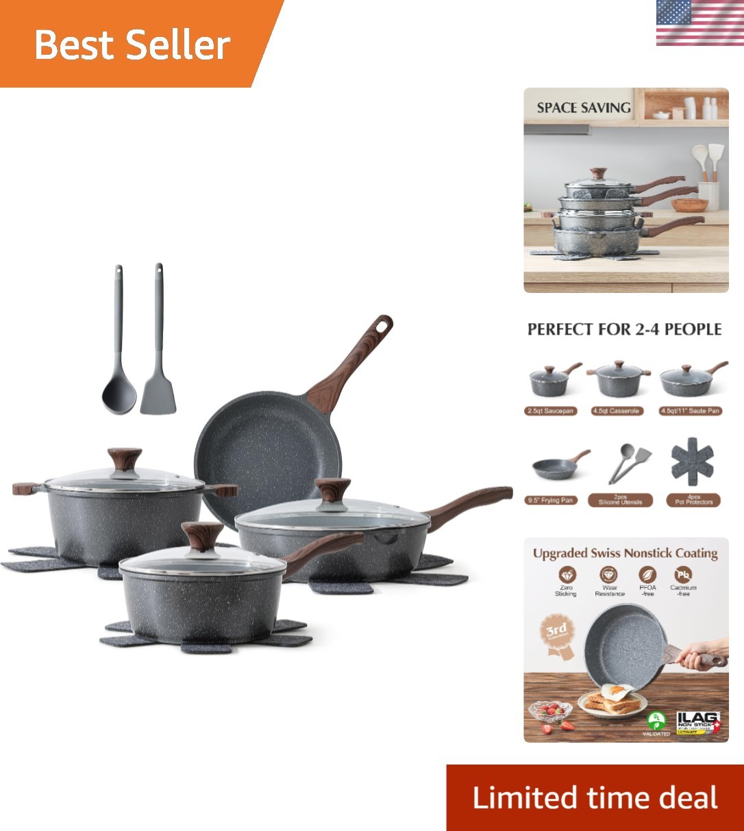 Sensarte 13-Piece Nonstick Cookware Set with Swiss Granite Coating & Eco-Frie…