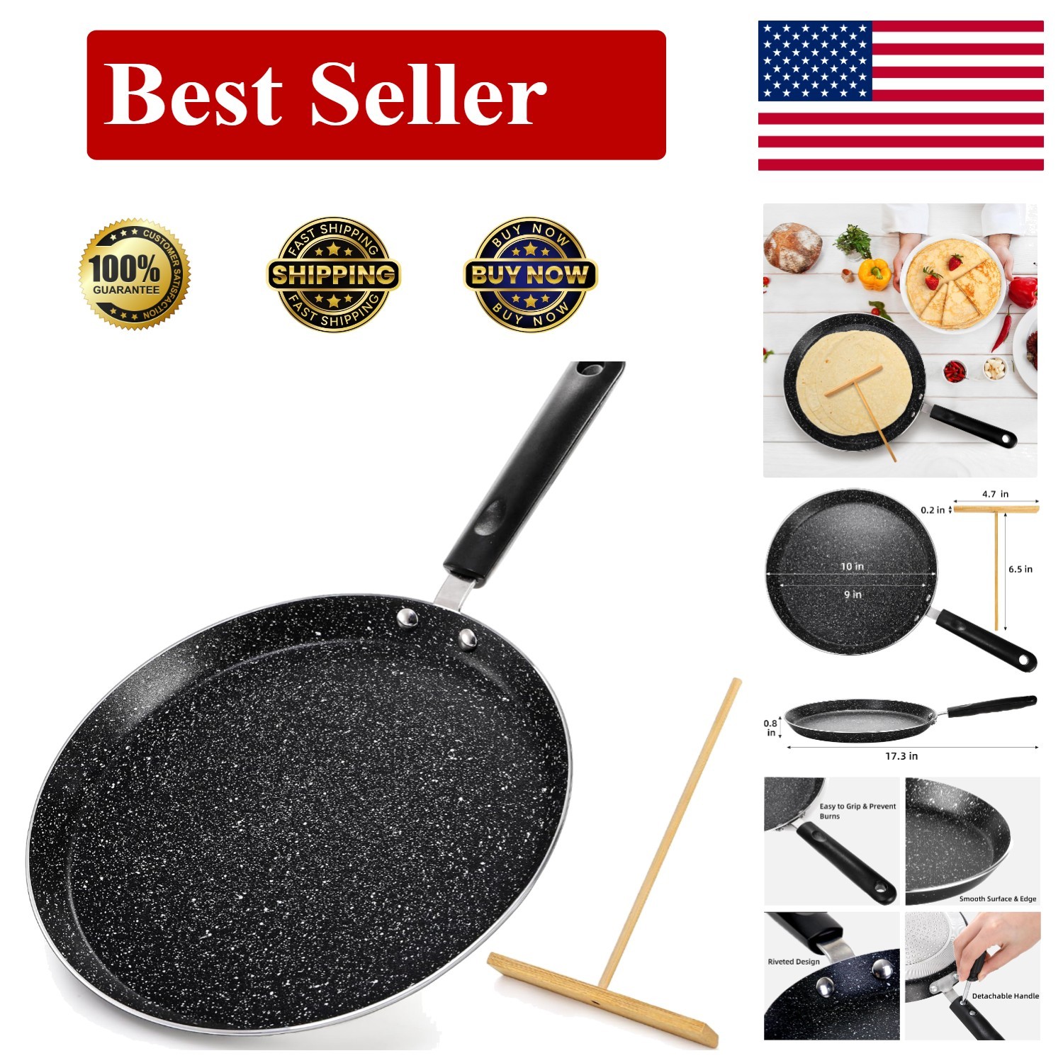 Crepe Pan Nonstick Griddle 10 Inch Swiss Granite Coating Skillet Induction