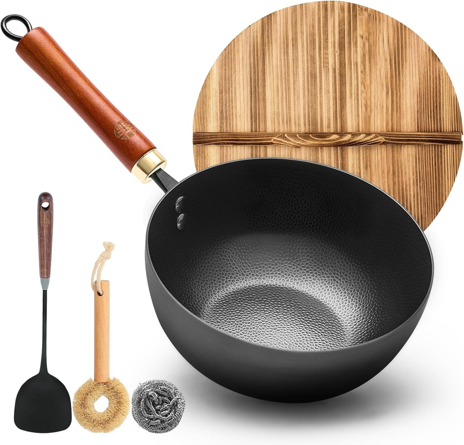 8.7 Inch Carbon Steel Mini Wok with Wooden Lid & Detachable Handle, 2.2 Qt Small
