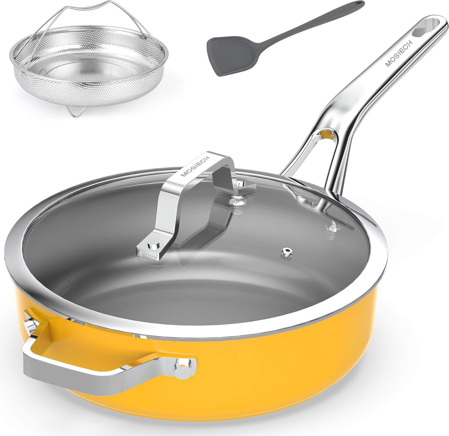 10-in-1 Yellow Ceramic Nonstick Deep Saute Pan Set With Steamer & Lid, 4QT