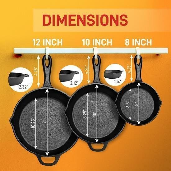 NutriChef 3 Piece Pre-Seasoned Cast Iron Skillet Set 500°F Heat Resistant