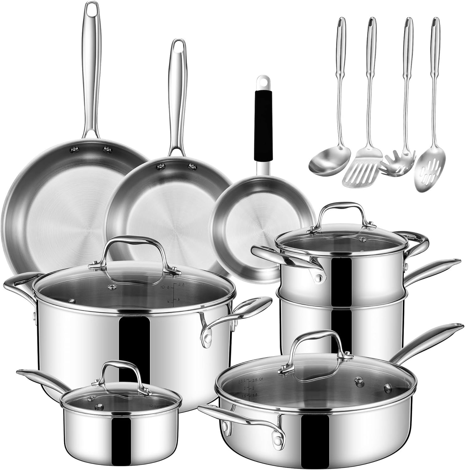 16-Piece Tri-Ply Stainless Steel Cookware Set with Utensils & Steamer