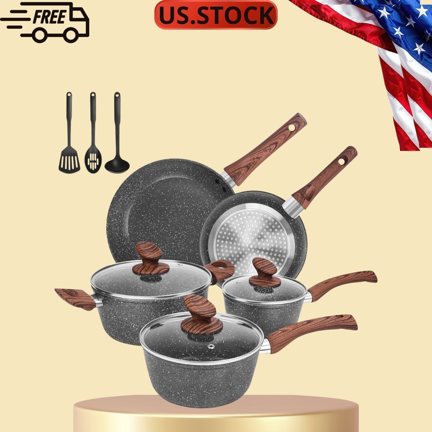 11PC Granite Nonstick Pots and Pans Set Induction Cookware with Frying Pans