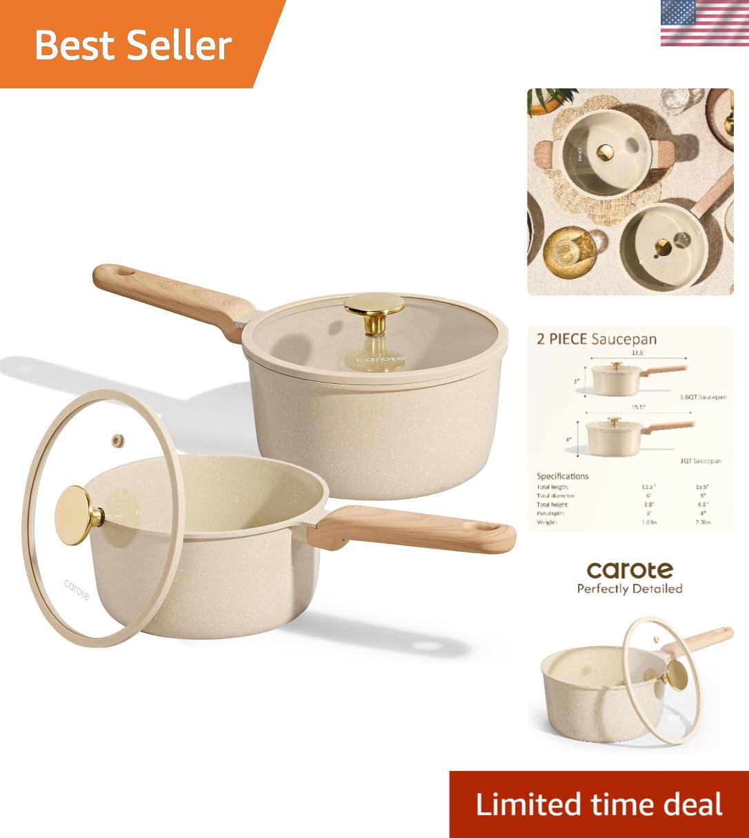 1.6Qt & 3.0Qt Sauce Pan Sets with Lid Ceramic Nonstick Pot Set Non Toxic Sauc…