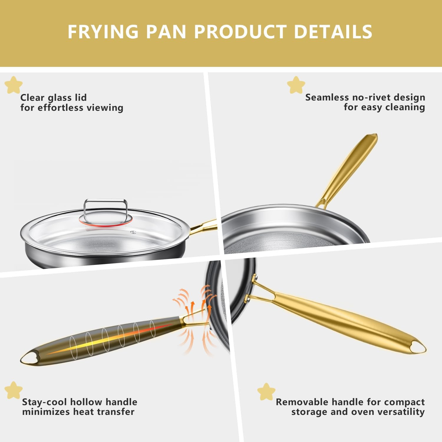 Tri-Ply Stainless Steel Frying Pan, Compatible with All Cooktops Up to 600℉, Lar