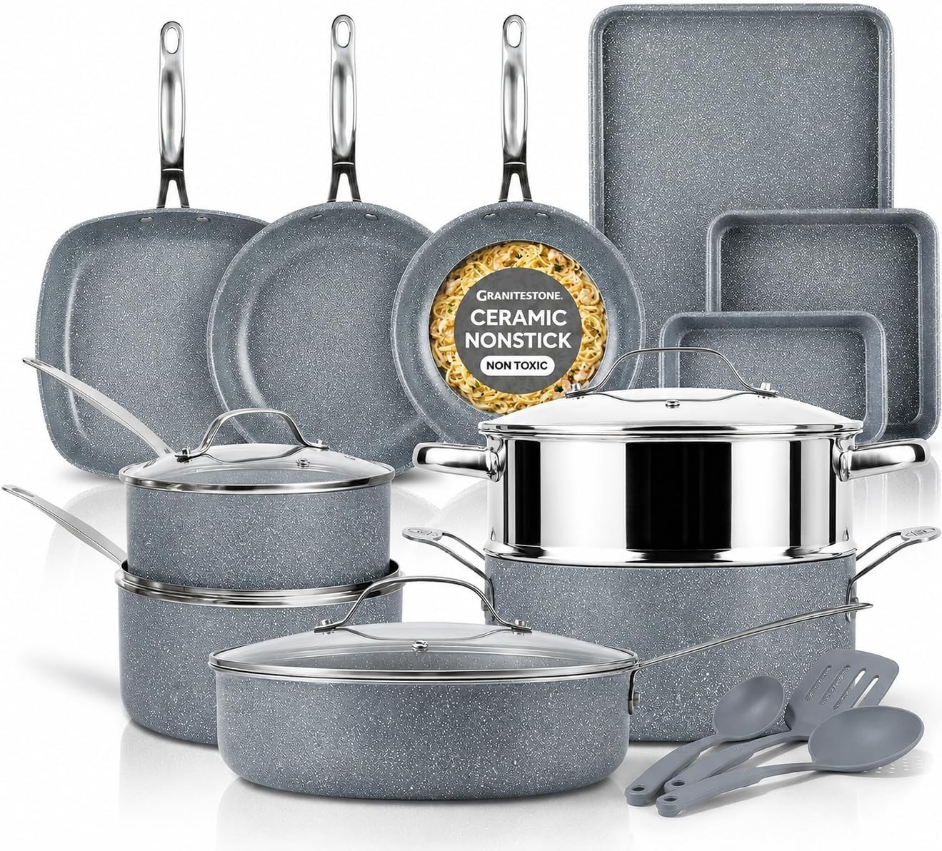 Granitestone 20 Pc Pots and Pans Set Nonstick Ceramic Cookware Set, Gray