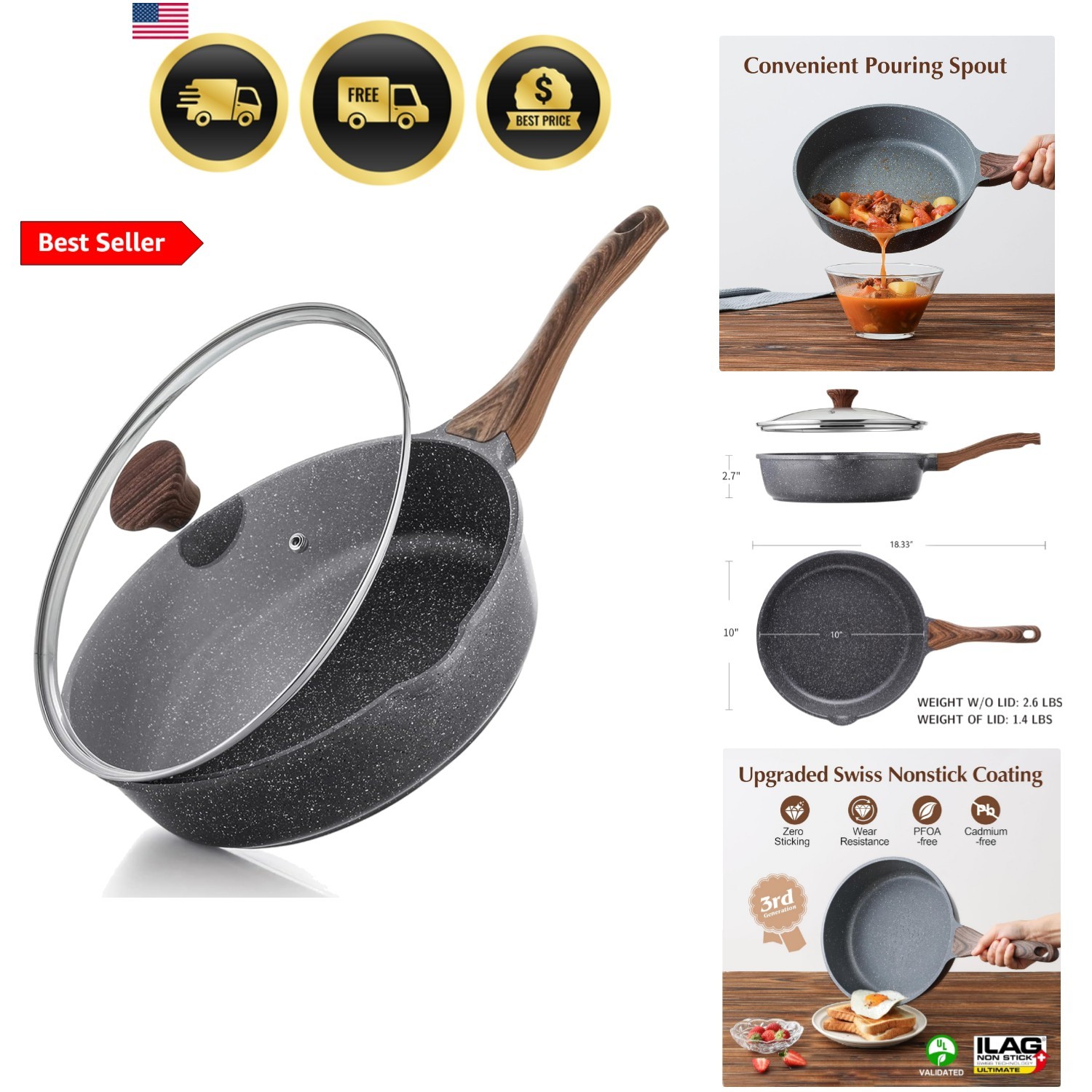 Nonstick Skillet, Deep Frying Pan 10/11/12-inch, Saute Pan with Lid, Stay-coo…