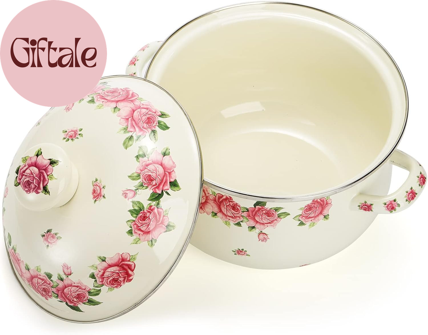 Enamel Stockpot with Lid, 2.8 Quart Retro Cooking Pot, Vintage Floral Stew Bean