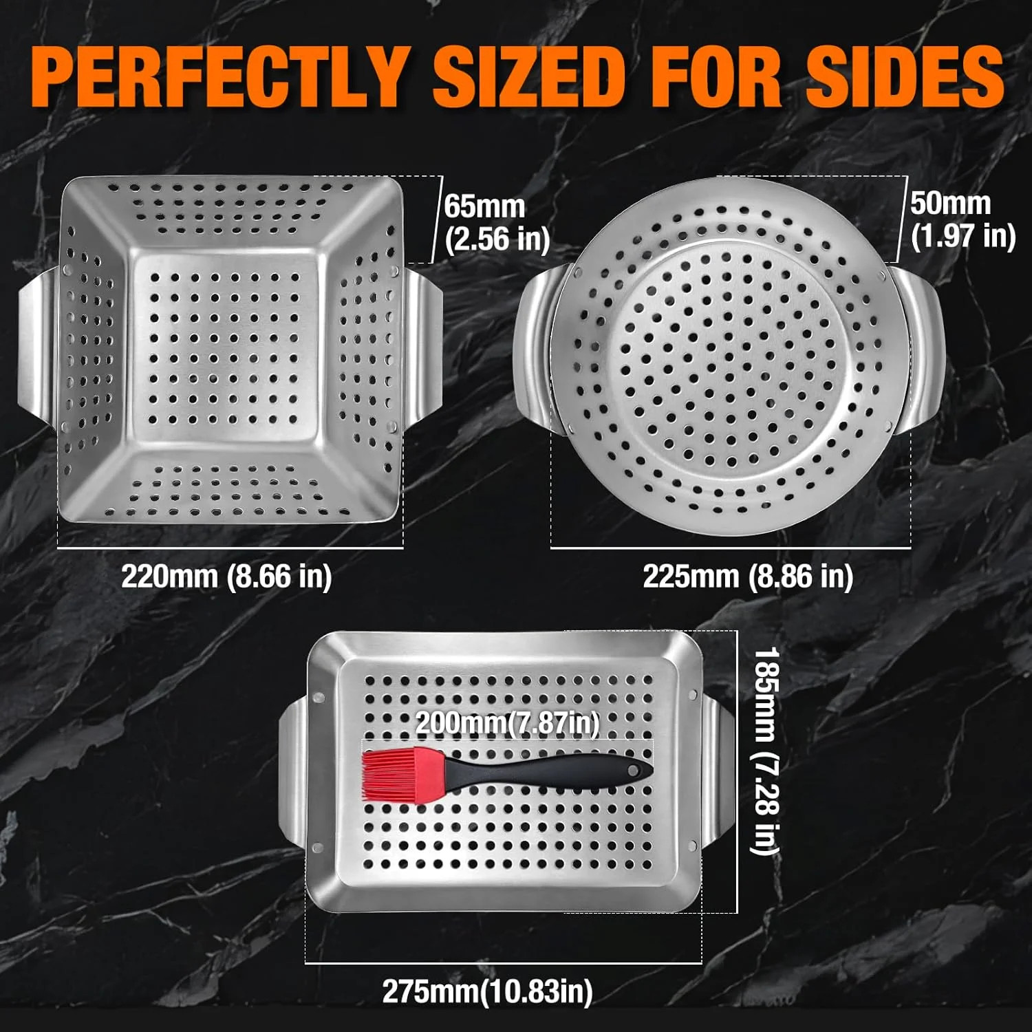 3 Piece Stainless Steel Grill Basket Set with Basting Brush, Heavy Duty Small Ve