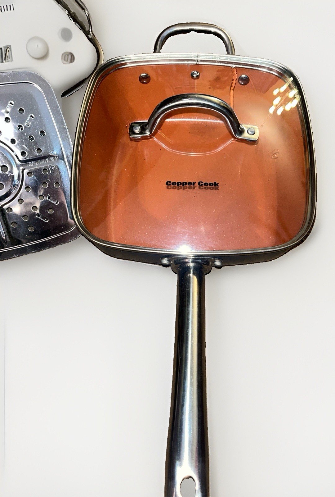 Copper Cook 9.5-Inch Square Pan 4-Piece Set with Lid, Fry Basket, and Steamer Tr