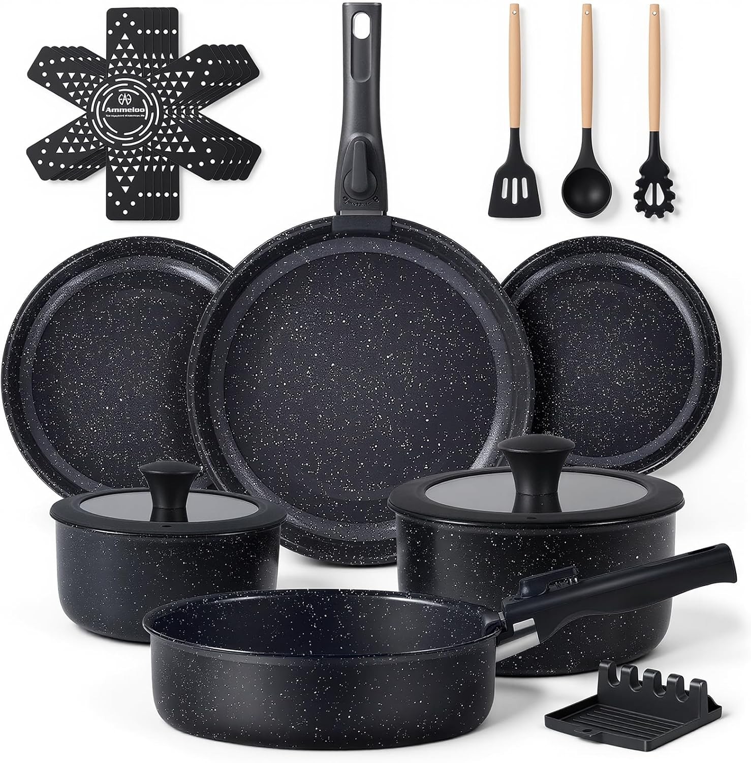 21-Piece Ceramic Pots and Pans Set Non Stick with Detachable Handles and Egg Fry