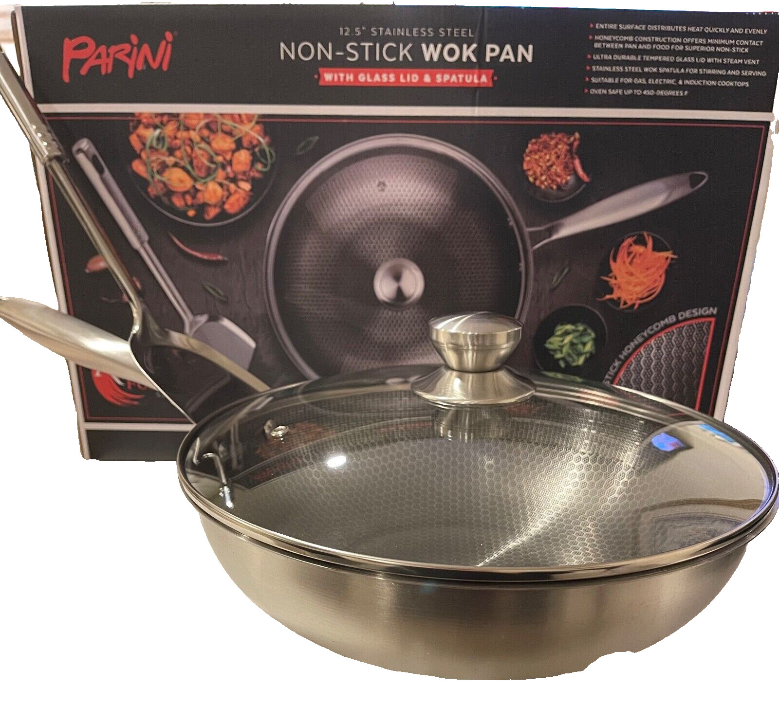 Parini 12.5″ Stainless Steel Non-Stick WOK Pan W/Glass Lid & Spatula NIB