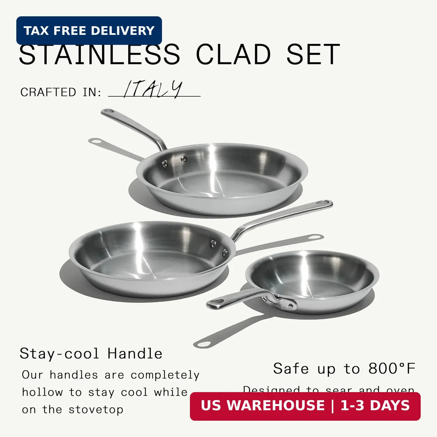 Made In Cookware | 3-Piece (Includes 8″,10″,12″) Stainless Frying Pan Set | 5 Pl