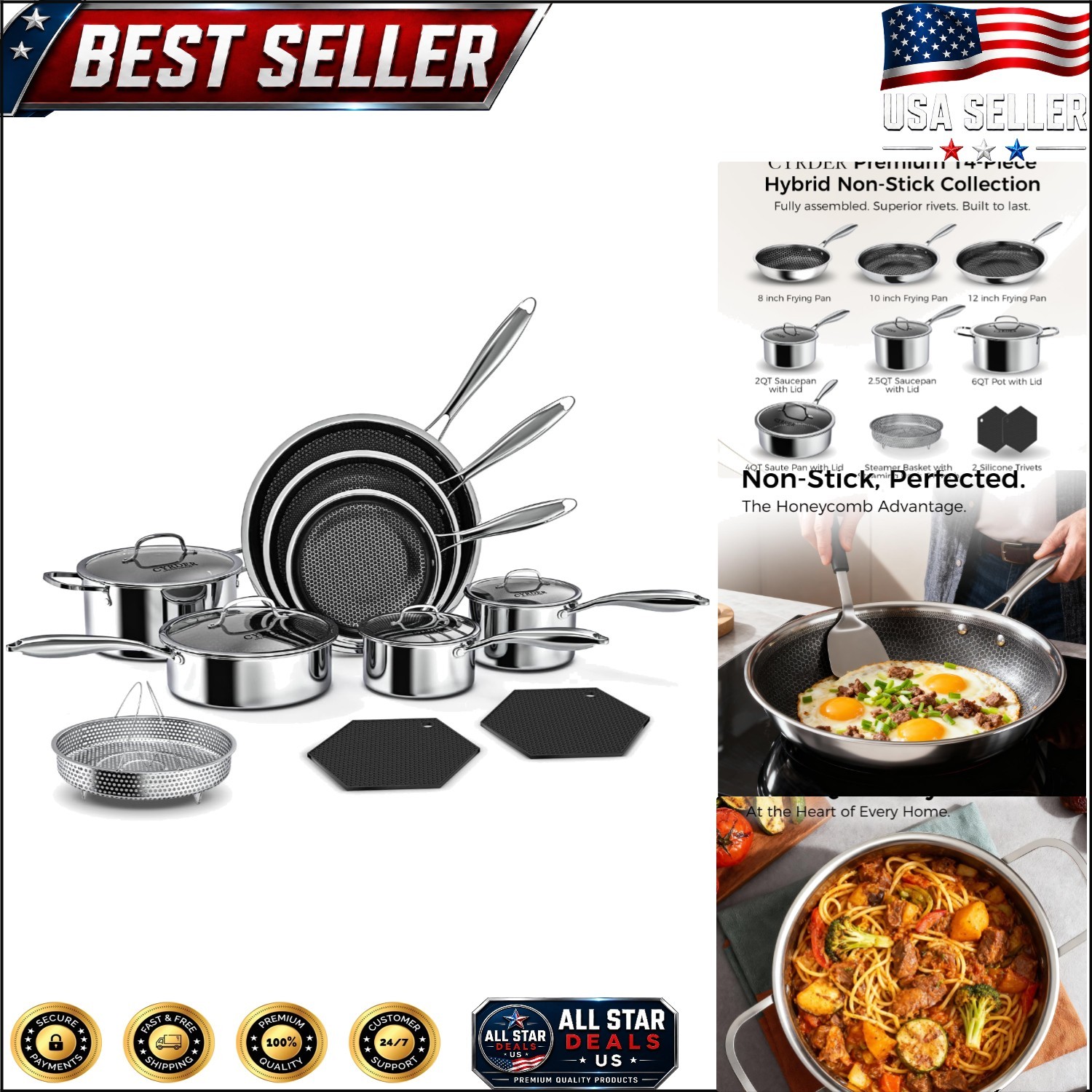 14-Piece Nonstick Hybrid Hex Cookware Set – Induction & Oven Safe, PFOA Free