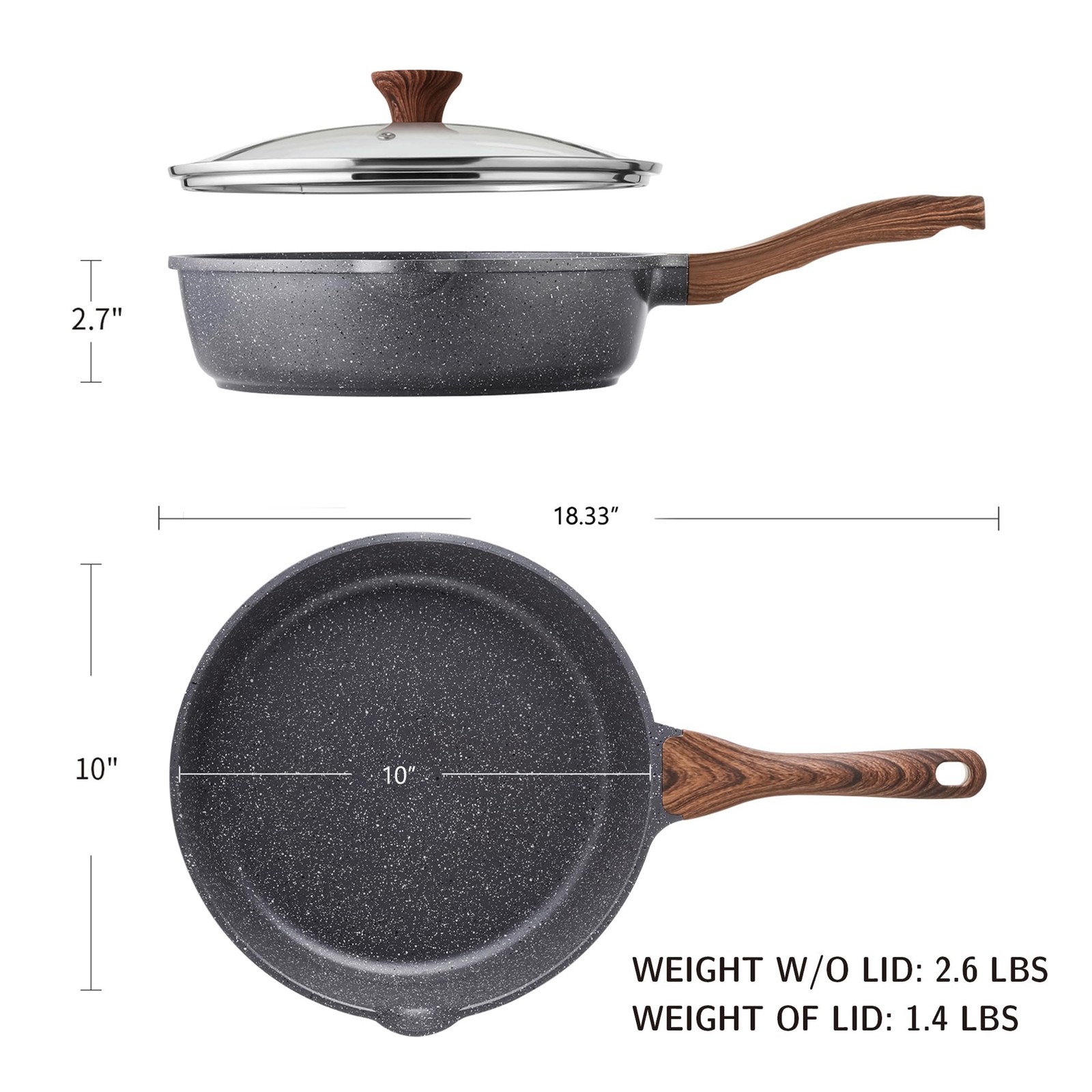 Nonstick Skillet, Deep Frying Pan 10 inch, Saute Pan with Lid, Stay-cool Handle