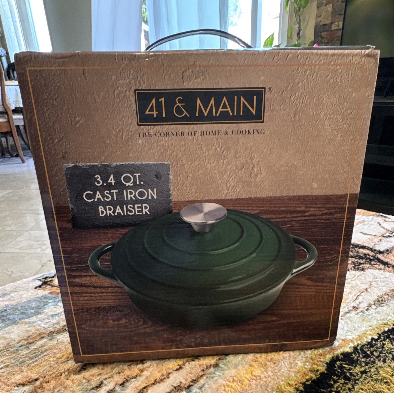 41 & Main 3.4 Qt Enameled Cast Iron Braiser w/ Lid, Double Handles, Green