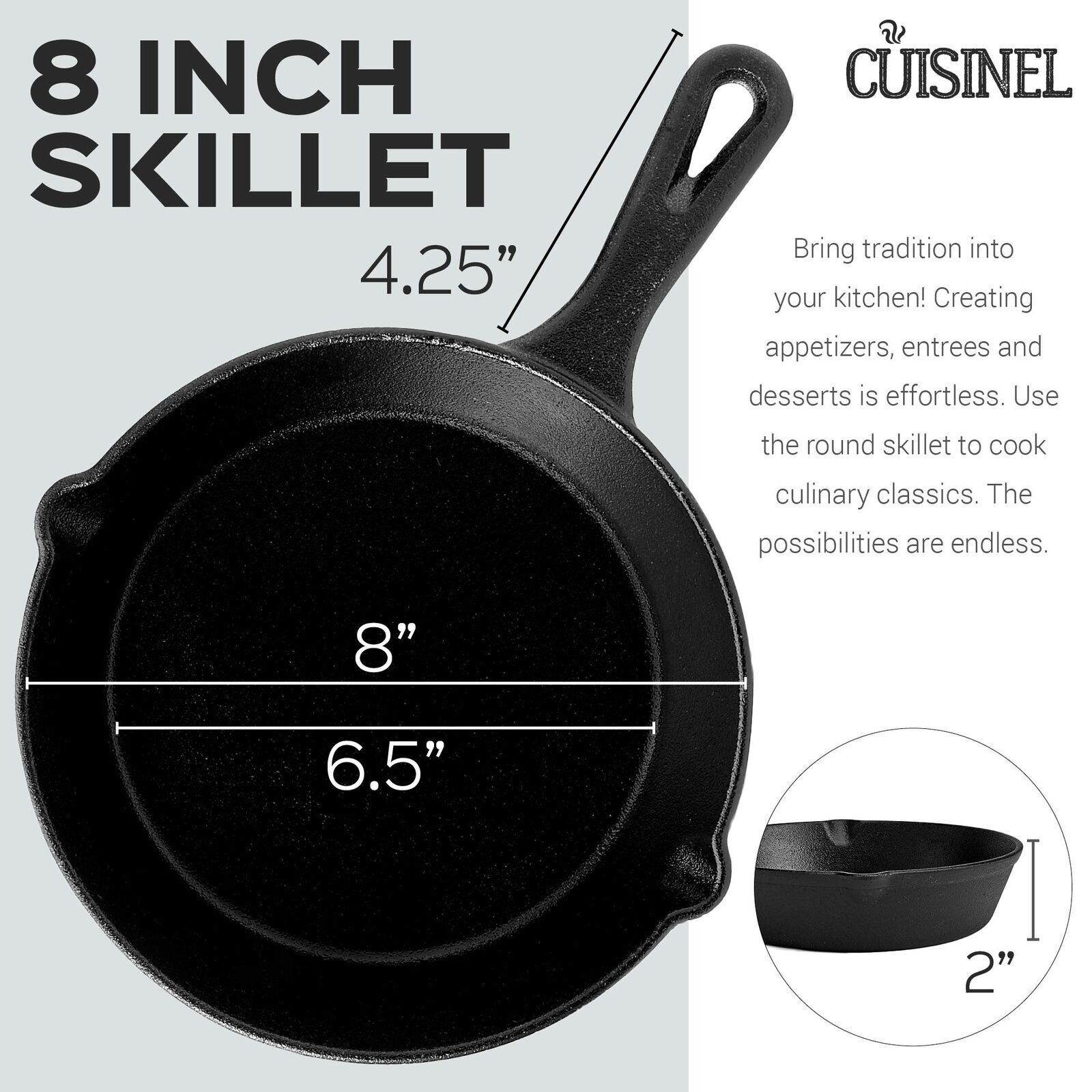 Cast Iron Skillet – 8″ Frying Pan with Pour Spouts + Silicone Handle