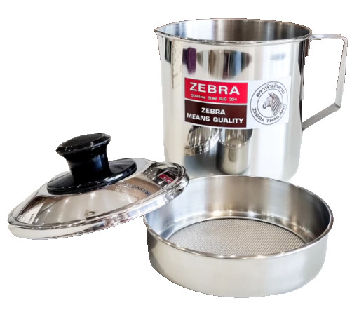 Thai Zebra Brand Stainless Steel Oil Filter Pot Grease Strainer Pour Spout 1L