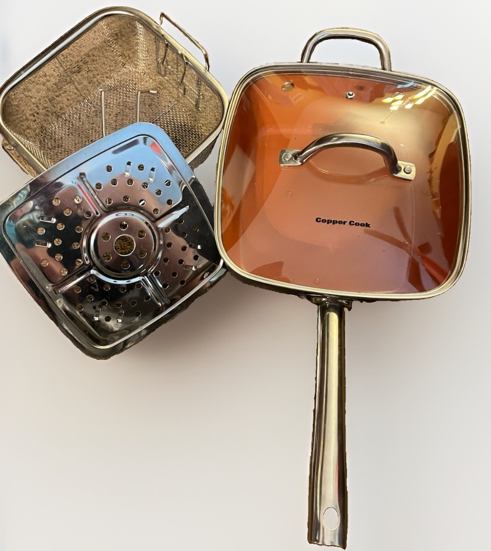 Copper Cook 9.5-Inch Square Pan 4-Piece Set with Lid, Fry Basket, and Steamer Tr
