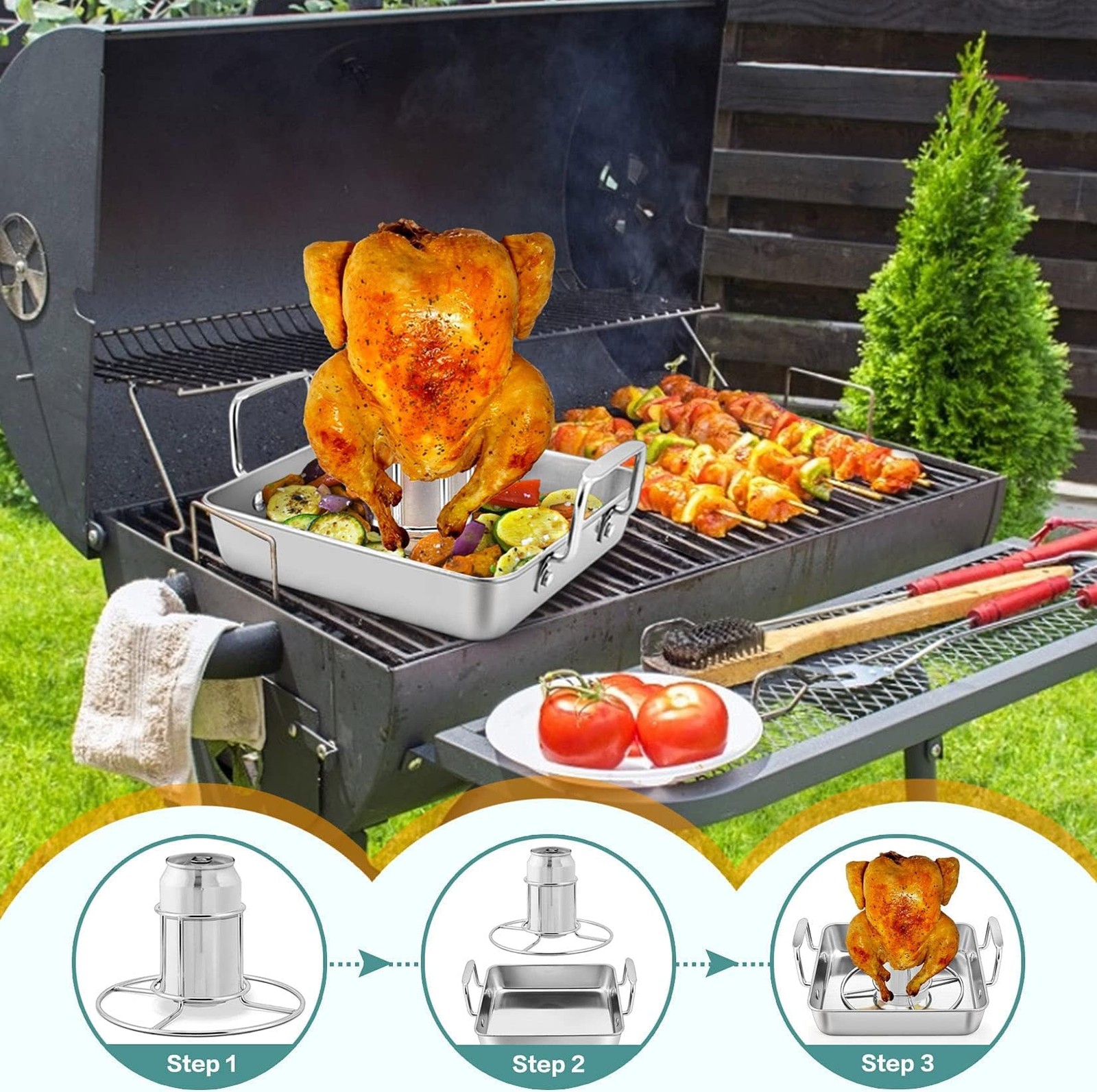 P&P CHEF Beer Can Chicken Holder with Roasting Pan Set, 9-inch Stainless Stee…