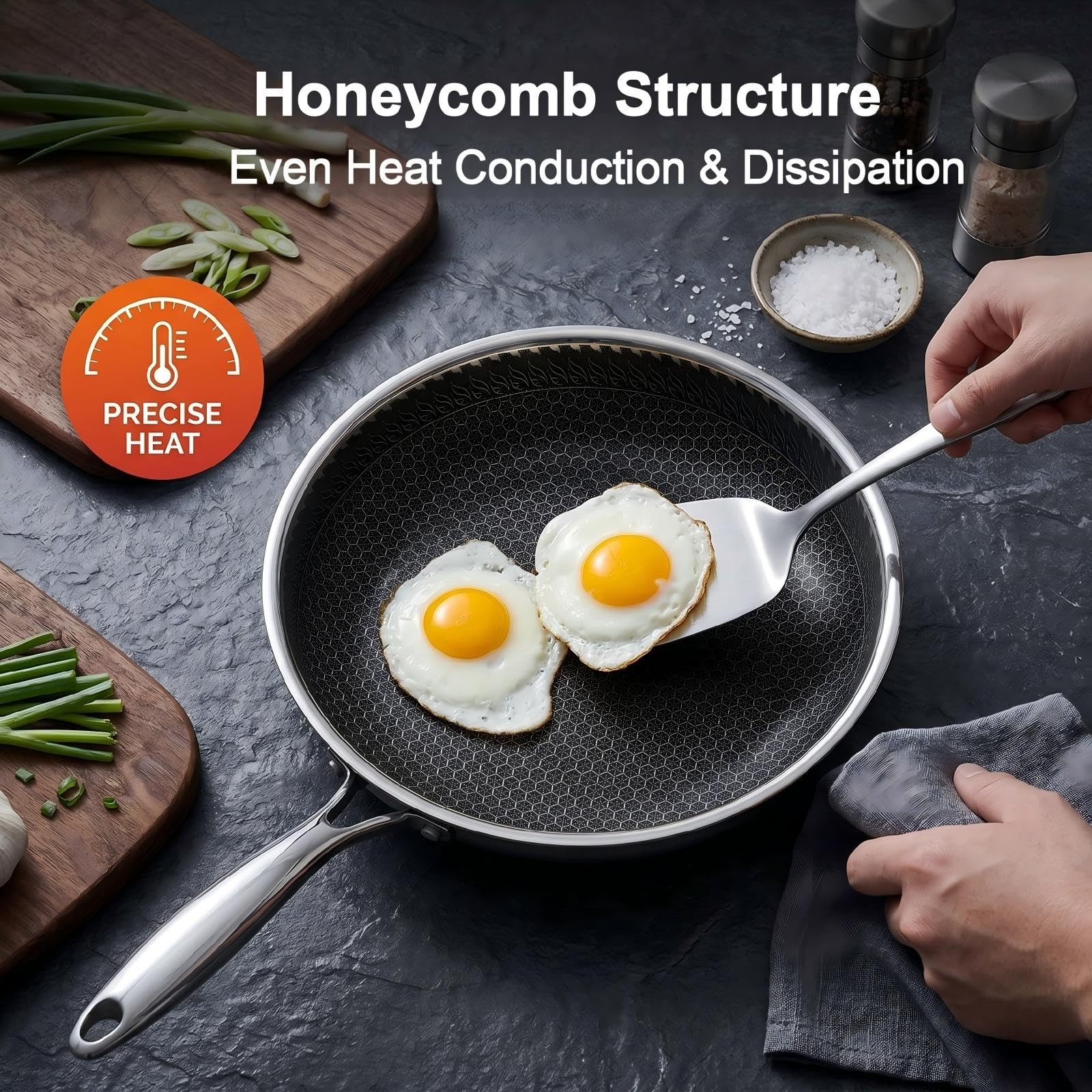 10″ Nonstick Frying Pan with Lid, Honeycomb Stainless Steel Skillet, PFAS Free,