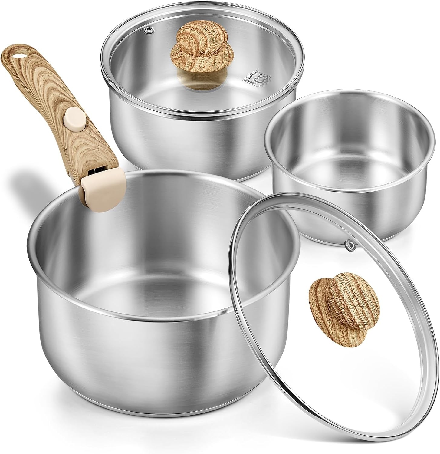 18/10 Stainless Steel Saucepan Set Removable Handle, 1.5QT & 2QT & 3QT Sauce Pan