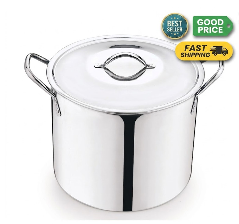 8Qt Stainless Steel Stock Pot with Lid Durable Cookware Stay Cool Handles