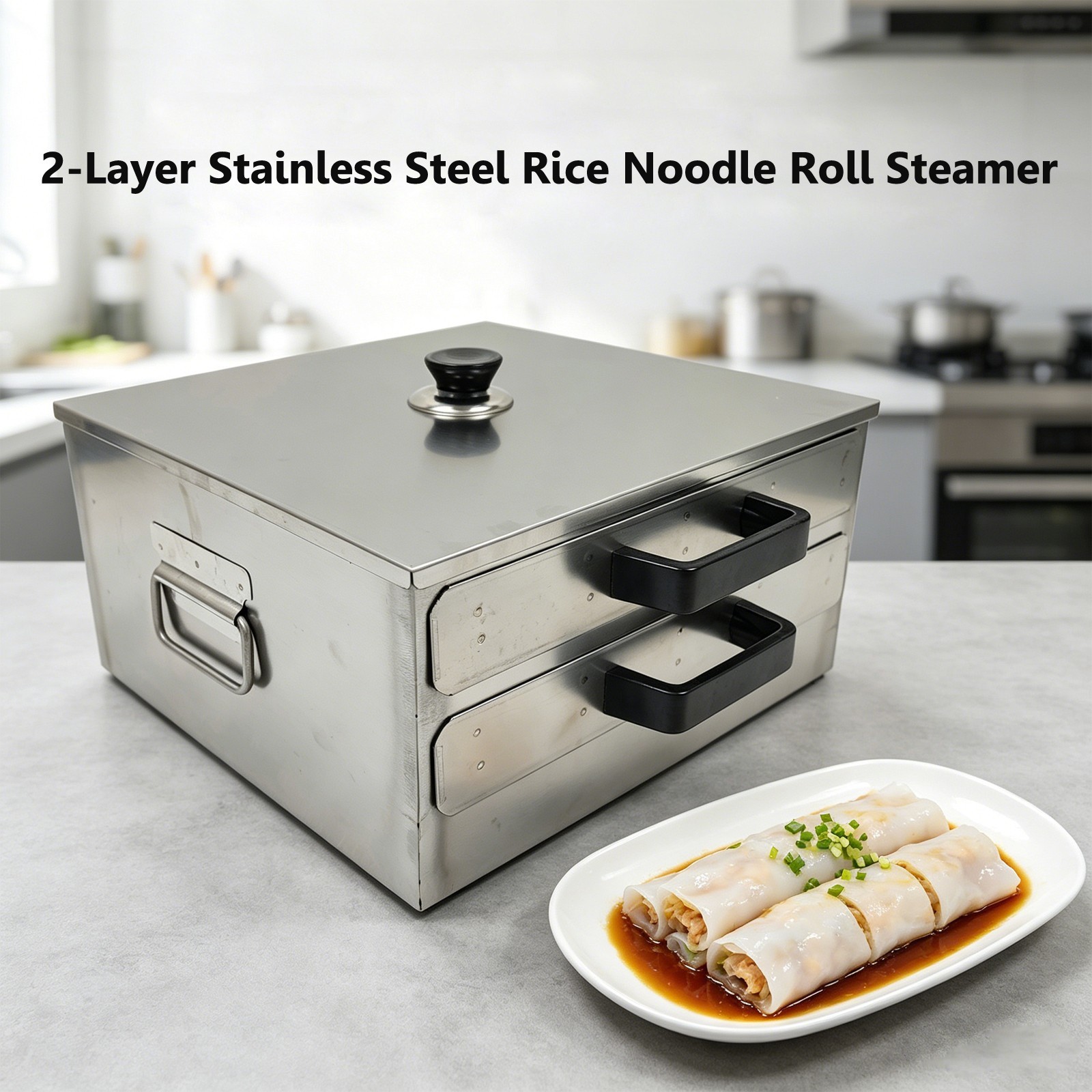 2-Layer Stainless Steel Rice Noodle Roll Steamer with 3 Drawer Trays & Scraper