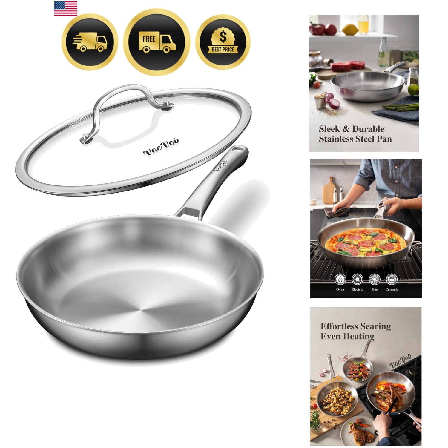 Stainless Steel Pan, 12 Inch with Lid Stainless Steel Frying Pan, Non Toxic T…