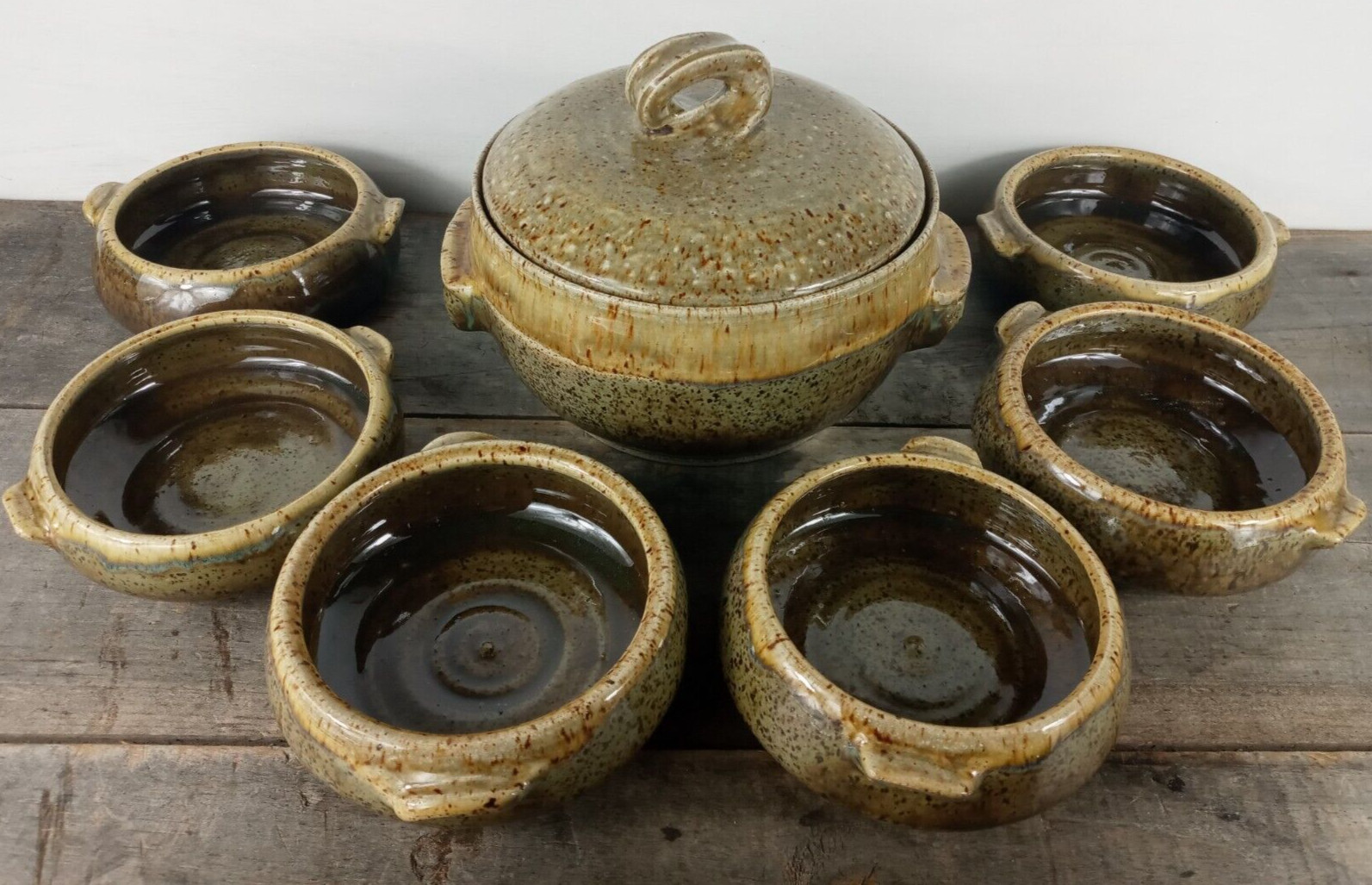 Hand Made Glazed Earthenware Set Crock Pottery with 6 Serving Dishes