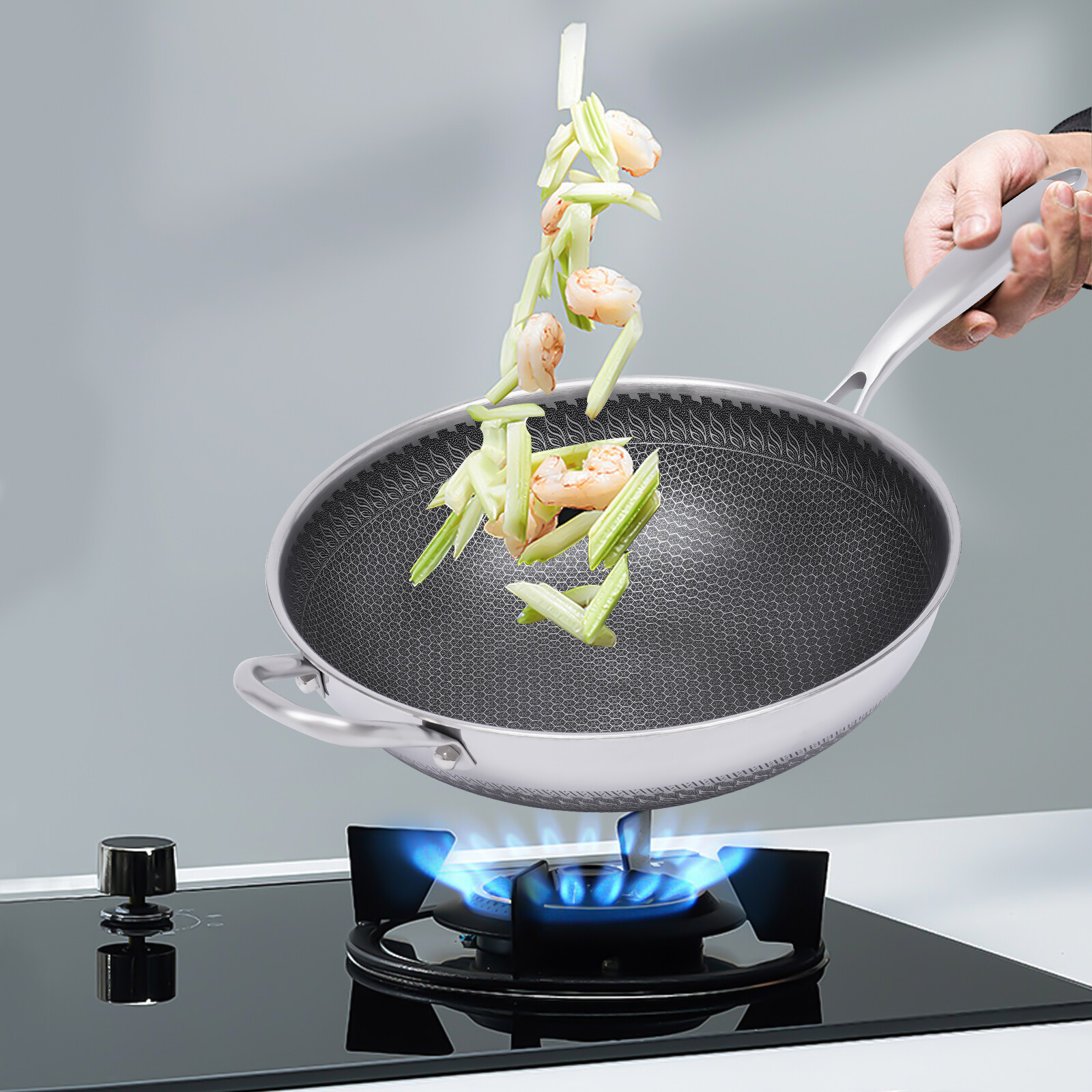 Non Stick Double Sided Honeycomb Cooking Frying Wok Pan with Lid Stainless Steel