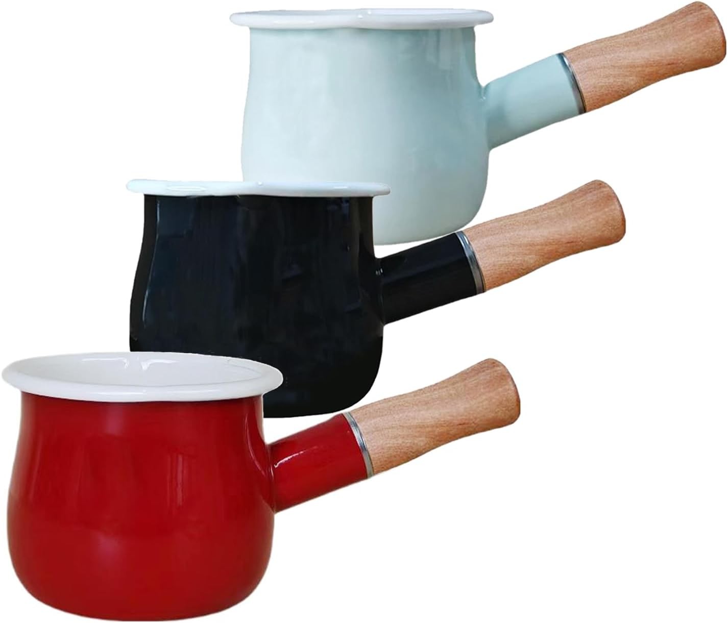 0.6qt Mini Enamel Milk Pot Insulated Wooden Handle 2 Pour Spouts Small Food