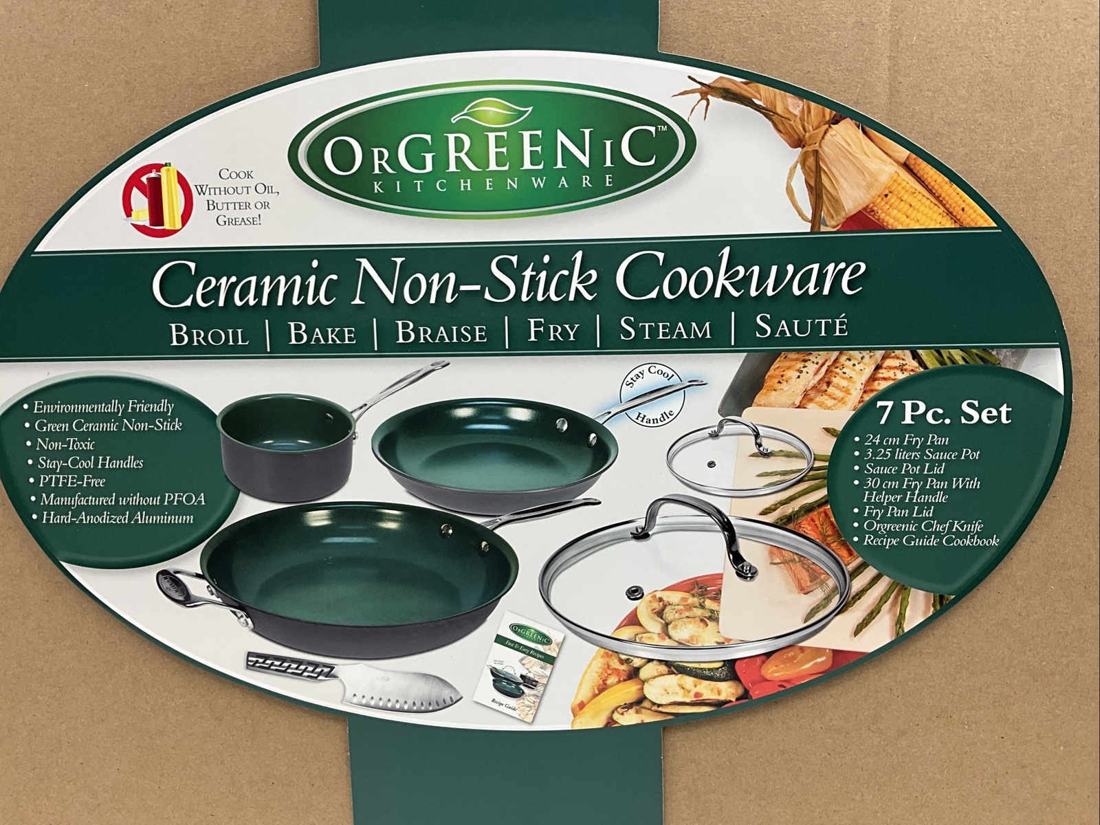 Orgreenic Kitchenware Ceramic Nonstick Cookware 7 Pc Set New