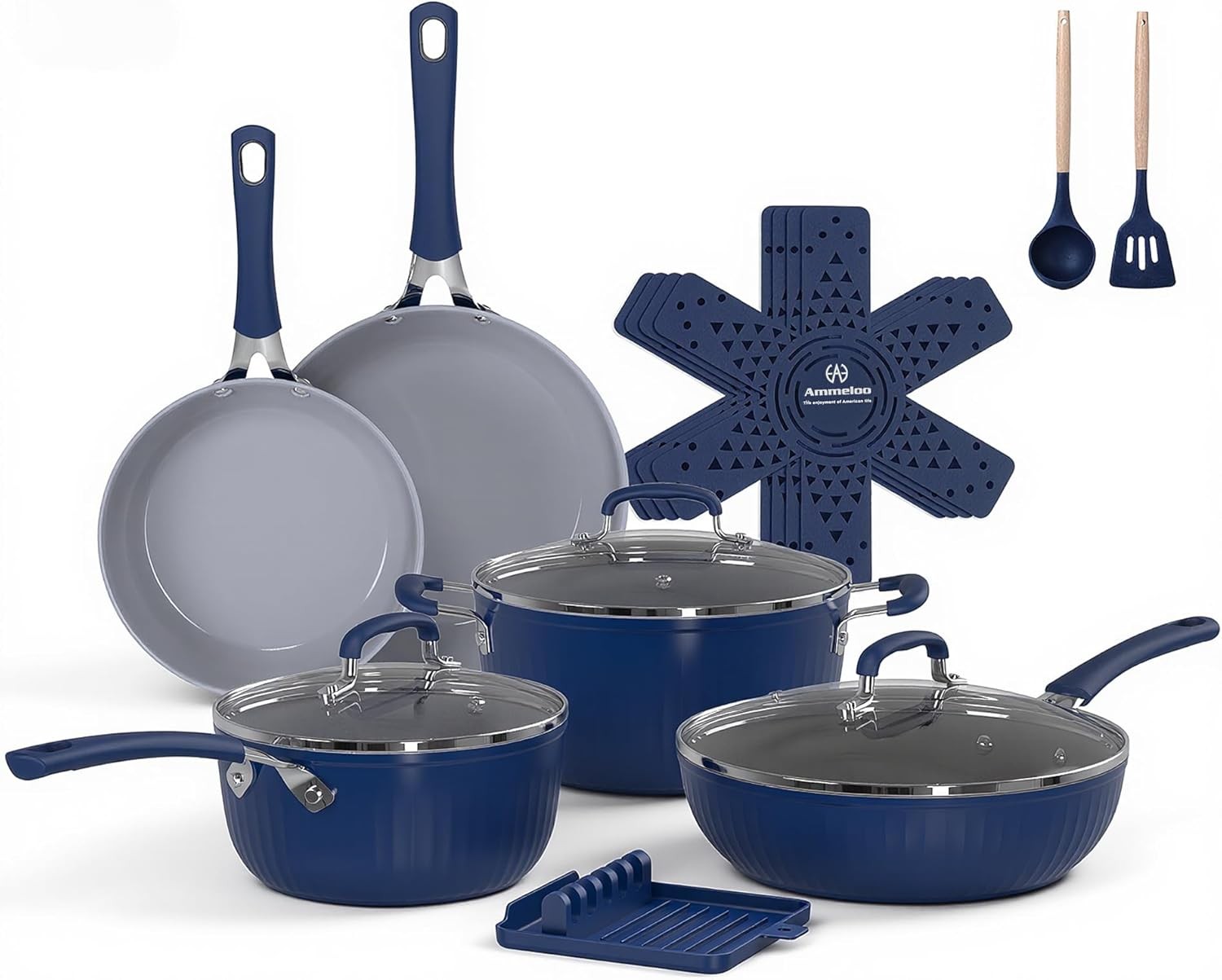 21-Piece Ceramic Pots and Pans Set Non Stick with Detachable Handles and Egg Fry