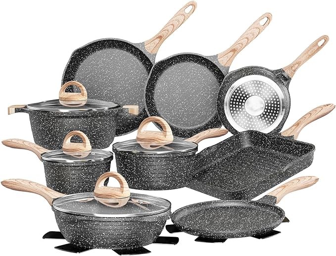 JEETEE Pots Pans Set Nonstick 23pcs Healthy Kitchen Cookware Sets – Gray/Granite