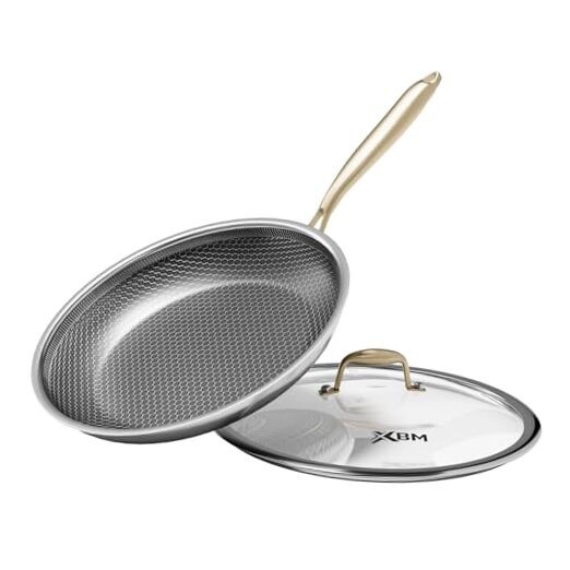 Nonstick Frying Pan with Lid 12-Inch, Durable Stainless Steel Gold-12-in